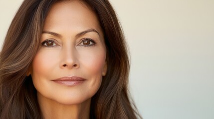 Fototapeta premium A woman with long brown hair and a tan complexion. She is wearing a black shirt and has a smile on her face