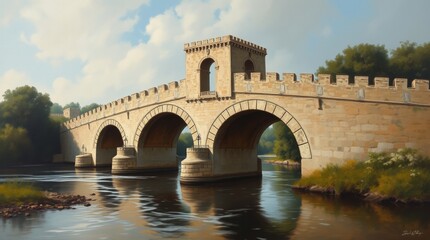 Obraz premium 17th century bridge with stone arches over the river, historical architecture, serene scenery