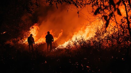 Fototapeta premium Fiery Wildfire Scene with Two Firefighters Battling Flames in a Dense Smoky Environment