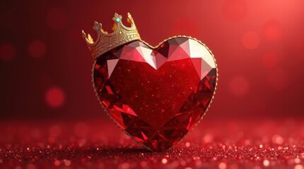 A royal ruby-red heart, glimmering with brilliance and crowned with gold and rubies, stands out against a dark, sparkling festive atmosphere of luxury and love.