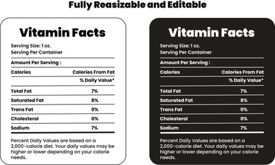 Obraz premium Vitamin nutrition facts, nutrition fact, nutrition calculator, nutrition label maker, nutrition facts label. Data table ingredient calories, fat, sugar. Vector. Packaging template.