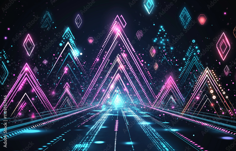 Poster abstract background with neon blue and pink arrows on dark gradient - modern vector design for techn