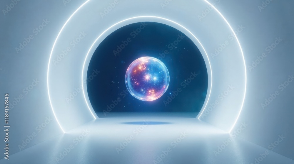 Poster luminous orb in a futuristic circular portal, glowing with inner light