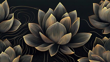 Elegant Golden Lotus Flowers with Artistic Lines on Dark Background