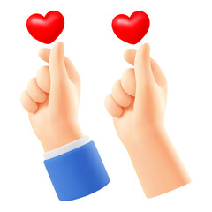 Hand gesture love with red heart. Korean finger heart sign, for web, banner, poster, print, Valentine's day, wedding, other life event. 3D realistic, Isolated on white background. Vector illustration