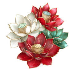 Vibrant floral arrangement of red and white lotuses nature scene digital art bright colors artistic perspective