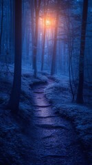 Naklejka premium Dark Misty Forest Path with Sunlight Filtering Through Trees at Twilight