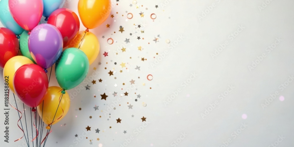 Poster a festive cluster of colorful balloons and sparkling confetti on a light background
