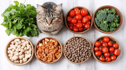 Cat sitting among bowls of fresh vegetables and nuts on a wooden table