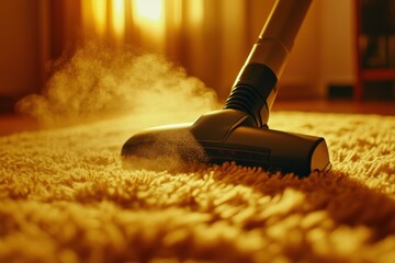 Close-up of a vacuum cleaner nozzle on a plush carpet, with steam rising in warm sunlight creating an inviting and cozy atmosphere of home cleaning and comfort.