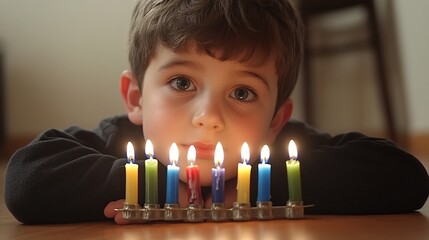 Child celebrates with colorful candles during a joyful family gathering at home