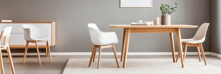 A Scandinavian-style dining room with a light wood table, white chairs, and a neutral rug.