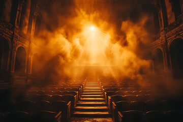 A dimly lit concert hall shrouded in darkness, with a grand stage in the background illuminated by a single spotlight, creating a dramatic and atmospheric setting.