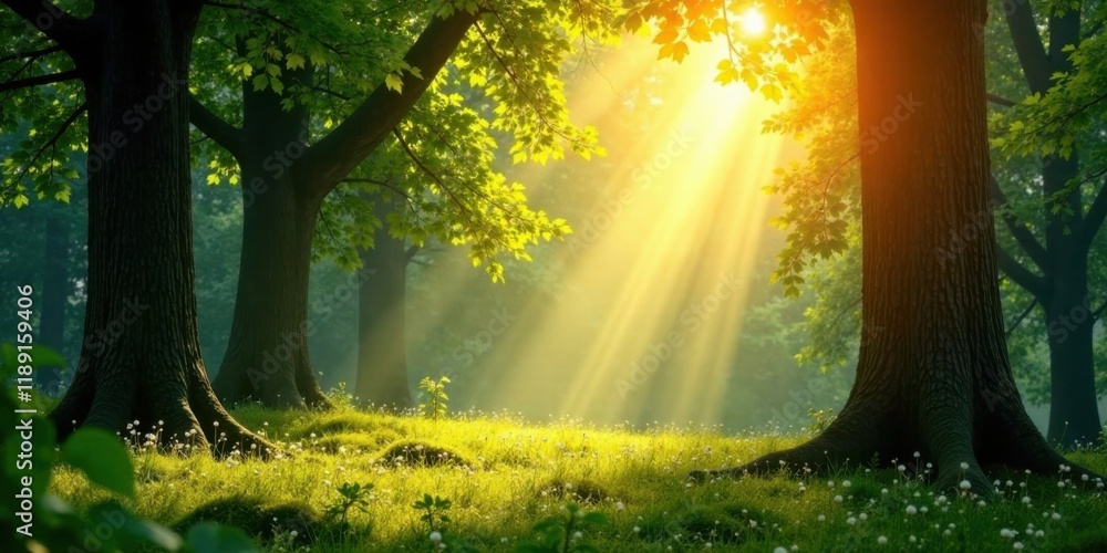 Poster Sunbeams Illuminate Serene Forest Meadow with Lush Greenery and Ancient Trees