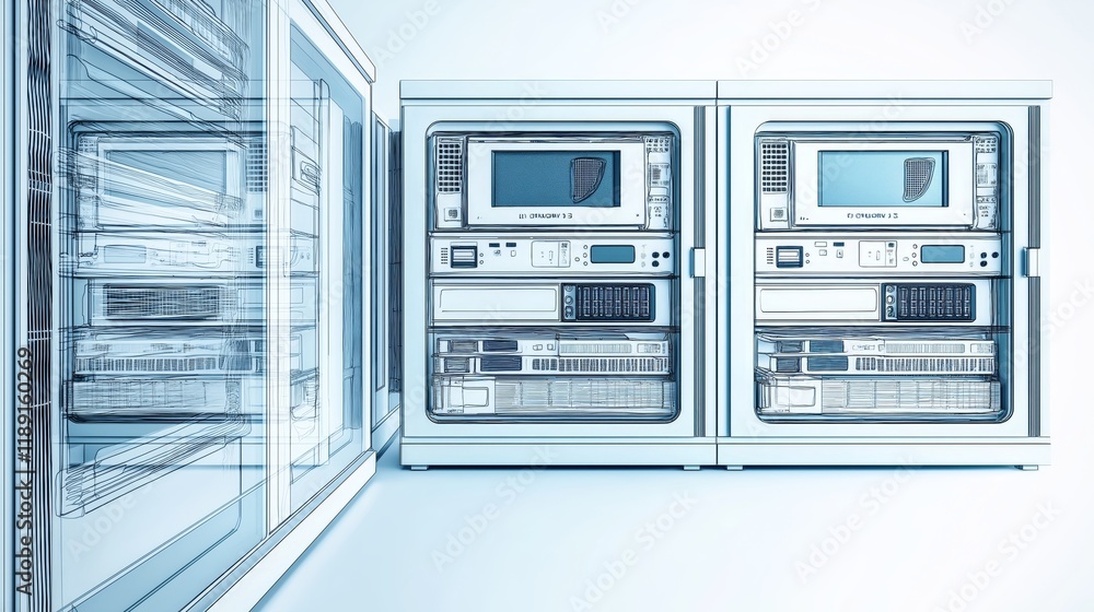 Poster Illustrated Stackable Server Modules Representing Scalable IT Infrastructure, Cloud Computing, and Futuristic Data Center Solutions, Generative AI