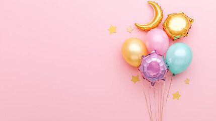 A vibrant arrangement of Eid themed balloons and crescent moon decorations styled on a plain pastel pink background.