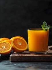 Photo of a Glass of Fresh Orange Juice with Sliced Oranges