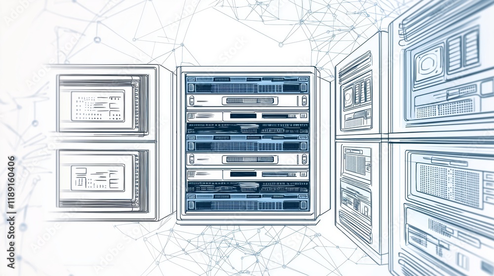 Poster Illustrated Stackable Server Modules Representing Scalable IT Infrastructure, Cloud Computing, and Futuristic Data Center Solutions, Generative AI