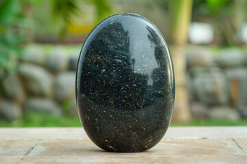 A rock resembling a black egg is resting upon a wooden table sur