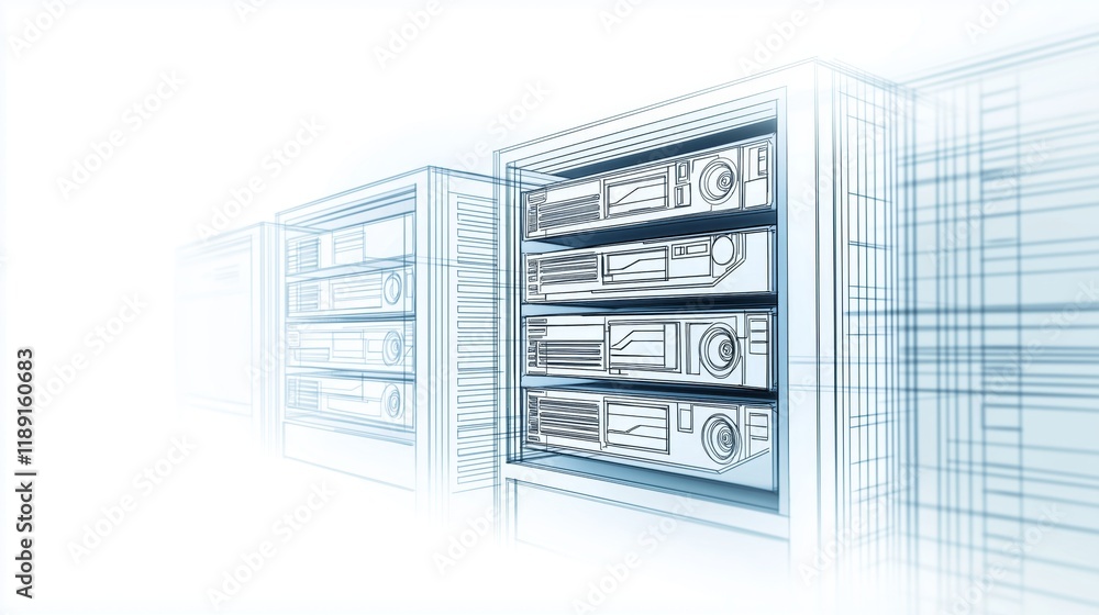 Poster Illustrated Stackable Server Modules Representing Scalable IT Infrastructure, Cloud Computing, and Futuristic Data Center Solutions, Generative AI