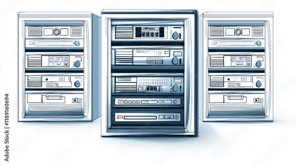 Poster Illustrated Stackable Server Modules Representing Scalable IT Infrastructure, Cloud Computing, and Futuristic Data Center Solutions, Generative AI