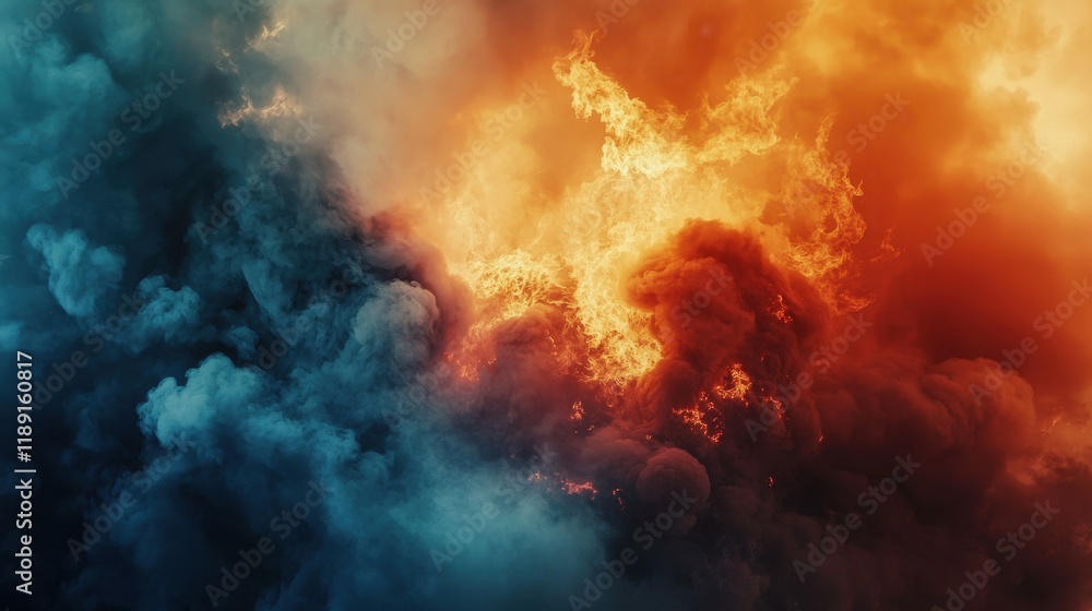 Poster dramatic colorful smoke and fire explosion creating abstract patterns and textures in a stunning vis
