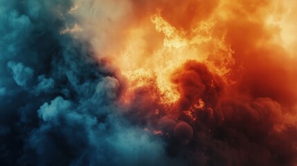 Dramatic Colorful Smoke and Fire Explosion Creating Abstract Patterns and Textures in a Stunning Visual Display