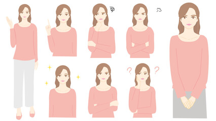 Set of illustrations of young women. Full body and upper body, joyful, distressed, introduction.