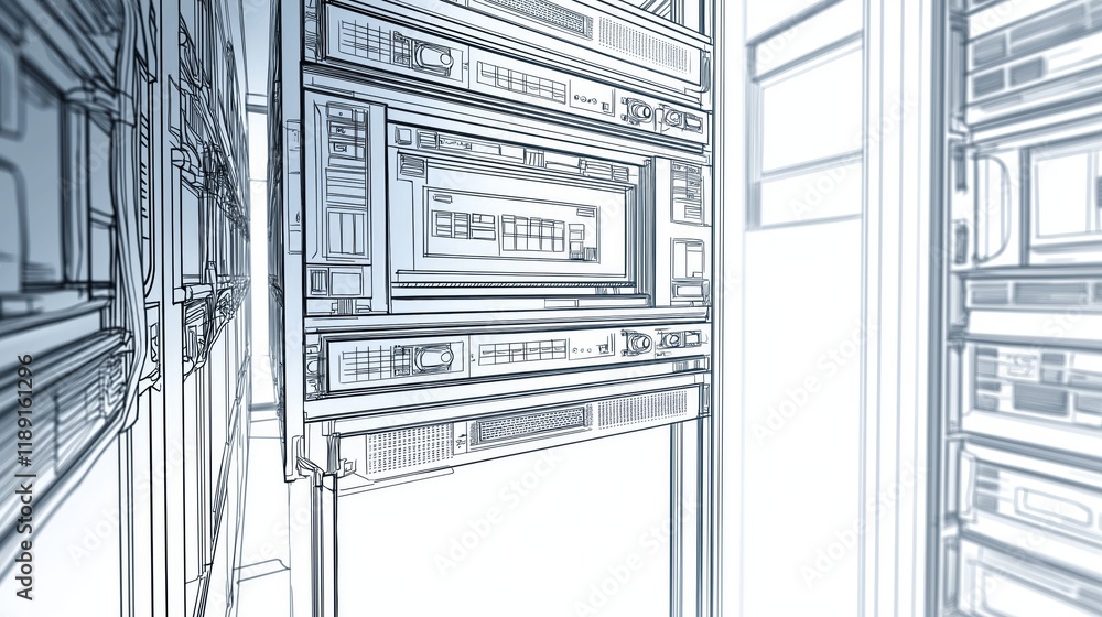 Poster modern blue-white server infrastructure in a futuristic data center, highlighting technology, connec
