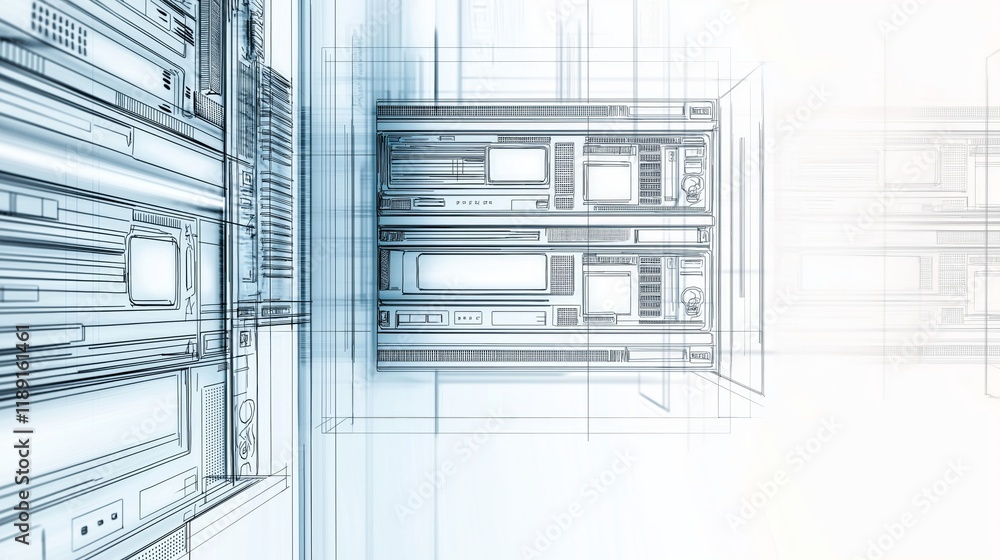 Poster modern blue-white server infrastructure in a futuristic data center, highlighting technology, connec