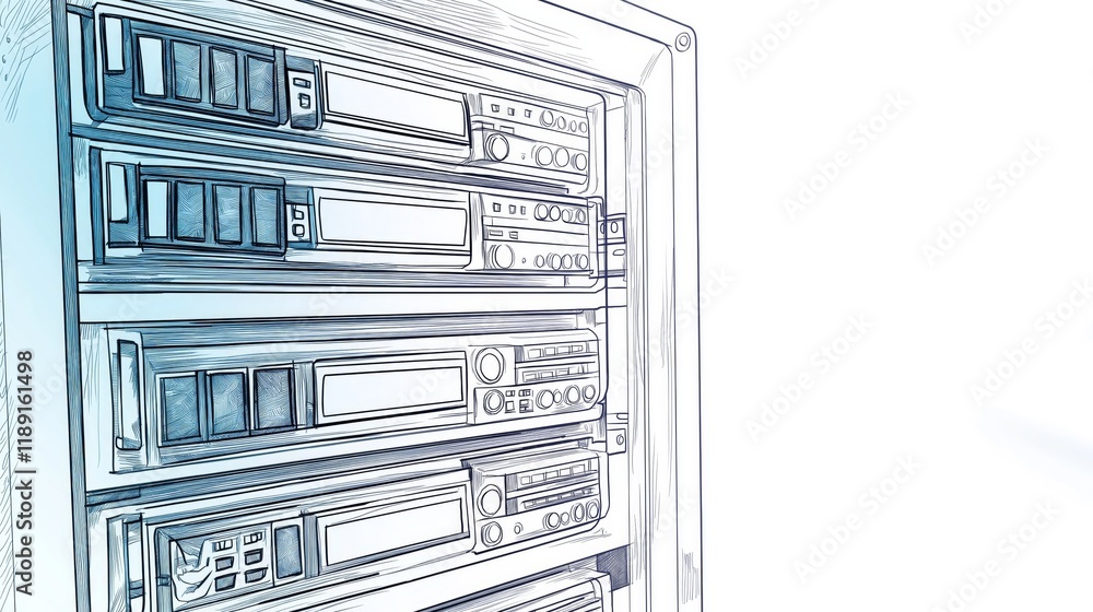 Poster modern blue-white server infrastructure in a futuristic data center, highlighting technology, connec