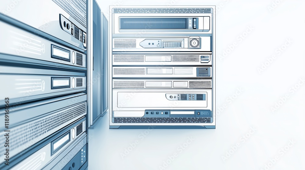 Poster modern blue-white server infrastructure in a futuristic data center, highlighting technology, connec