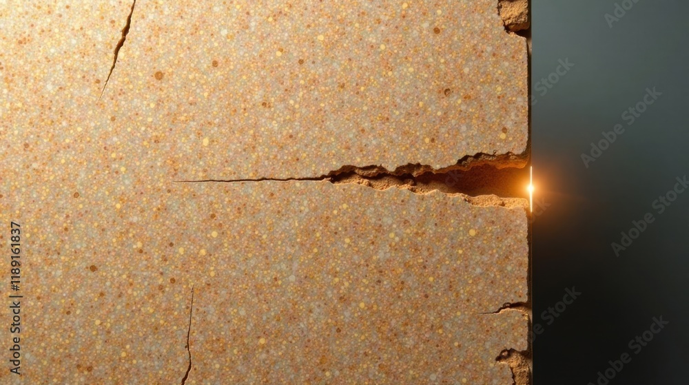 Poster a fractured speckled surface with a radiant glow emanating from the fissure