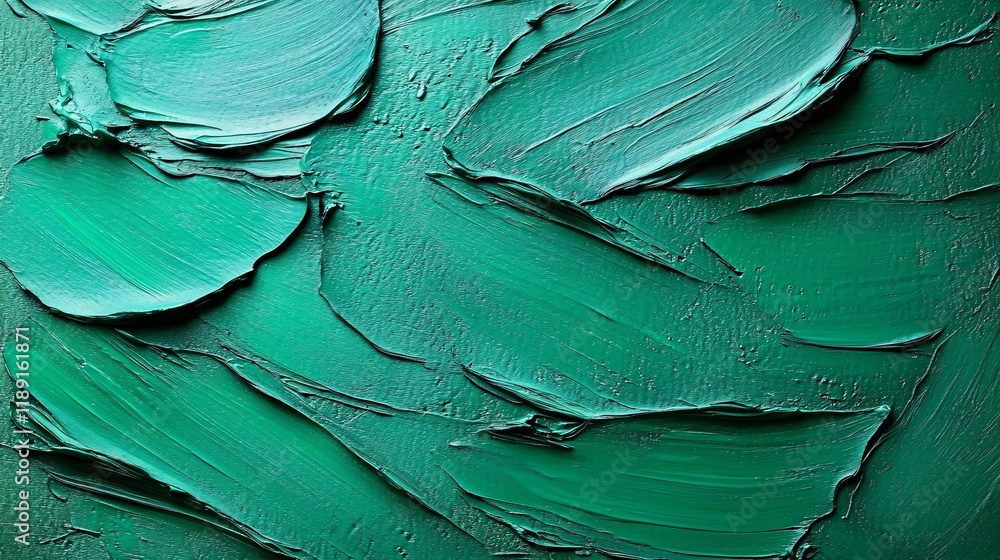 Poster textured green surface showing layers of paint with rich, deep hues and patterns