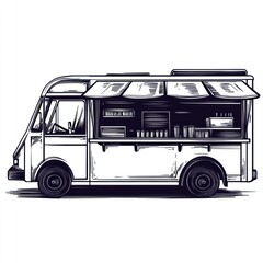 Sketchy food truck, city street background, menu, mobile cafe