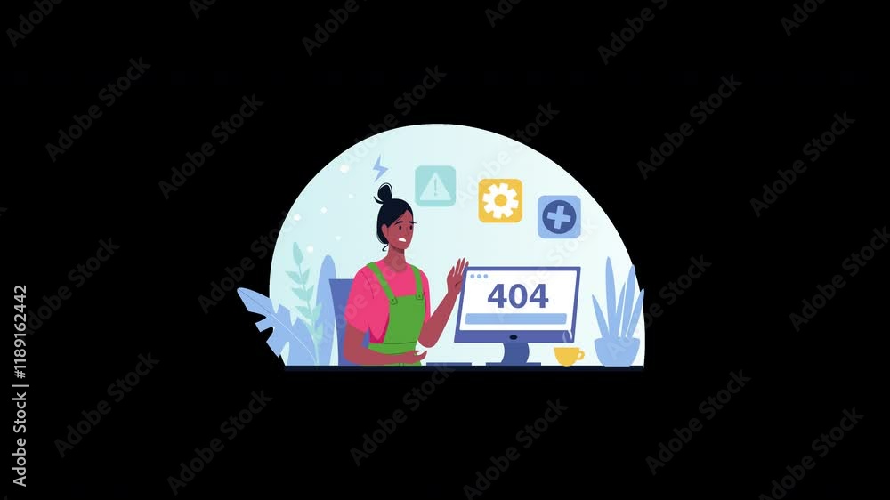 Poster a woman of african descent presenting a 404 error on a computer with various tech icons in the backg