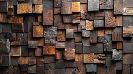Wooden wall composed of various textured and colored blocks in natural arrangements