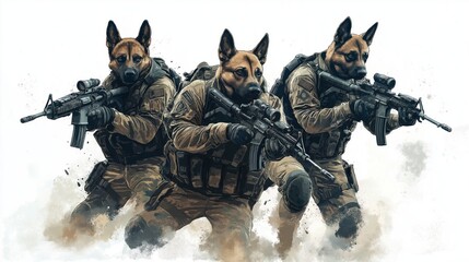 Fototapeta premium Advanced canine tactical training illustration featuring military dogs in combat gear for security and defense concepts