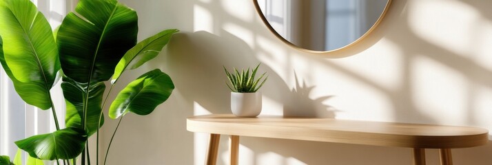 A welcoming entryway with a console table, a round mirror, and a lush indoor plant.
