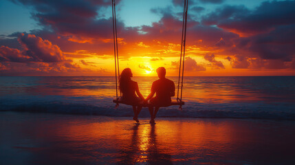Fototapeta premium Couple swinging on a swing against a background of sea sunset