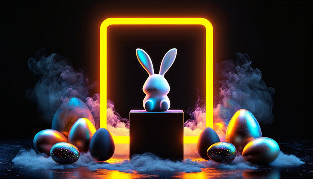 Easter decorated product display podium, black Galaxy futuristic podium and product pedestal with neon cyberpunk square frame, Easter concept, glow smoke and dust, easer egg and rabbit, ad, podium