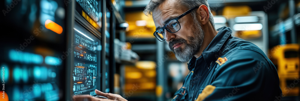 Aufkleber engineer managing logistics network with high-tech interface for cargo distribution