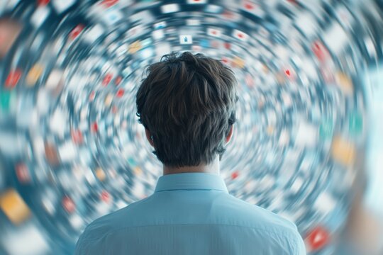 Individual Standing in a Vortex of Digital Notifications with Motion Blur Effect Capturing the Chaos of Modern Communication