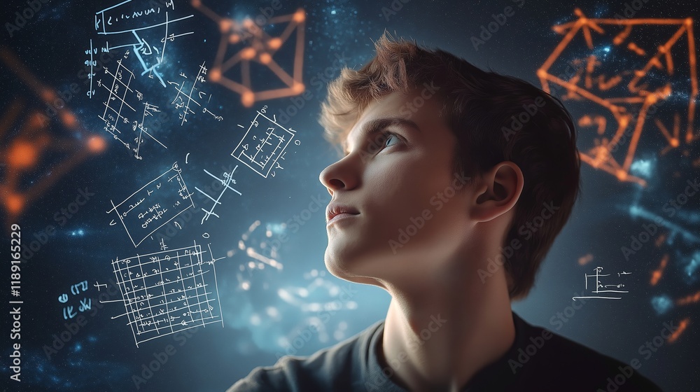 Aufkleber Man Deep in Thought with Floating Digital Formulas and Network Structures, Representing Intelligence, AI, and Advanced Thinking in a Futuristic Setting, Generative AI