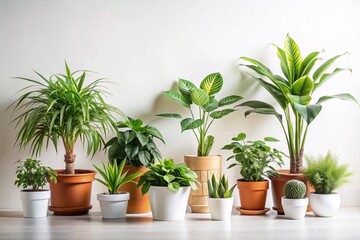 Obraz premium Variety of houseplants in ceramic and terracotta pots, showcasing vibrant green foliage on a wooden surface with a minimalist style