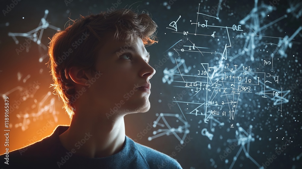 Aufkleber Man Deep in Thought with Floating Digital Formulas and Network Structures, Representing Intelligence, AI, and Advanced Thinking in a Futuristic Setting, Generative AI