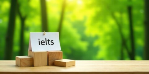 A test preparation concept featuring a word on a card and wooden blocks against a nature backdrop