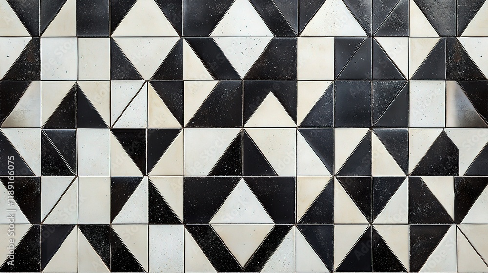 Poster polished semigloss wall with triangular tile patterns in black and white