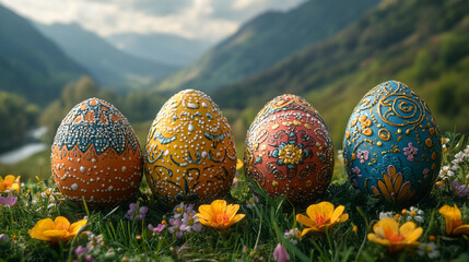 colorful vibrant  Easter eggs resting on a flower meadow