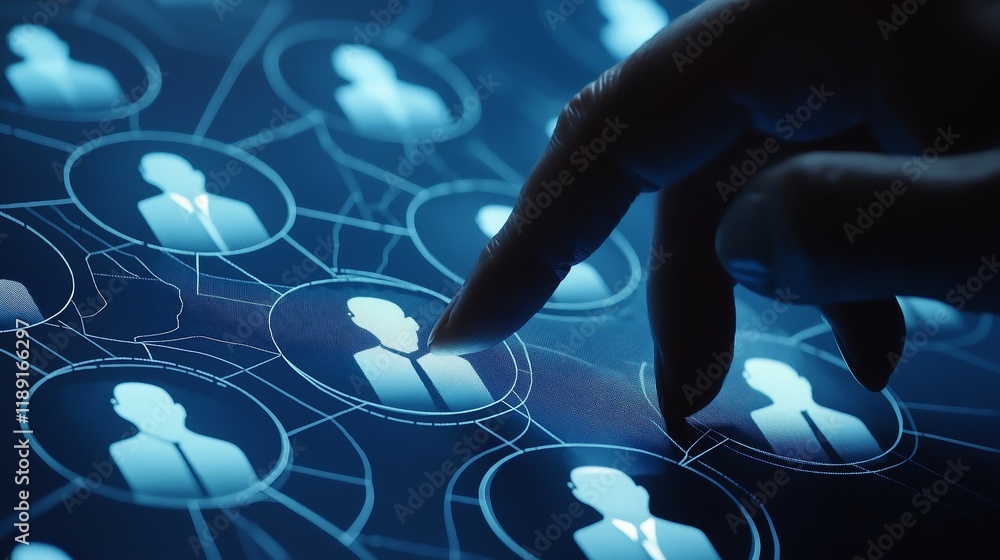 Poster digital profile selection in a futuristic network, representing online recruitment, business connect